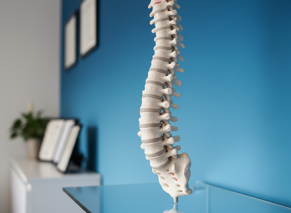 A close-up view of a textured anatomical spine model made from tactile, off-white resin with intricate vertebral details, placed on a glossy glass shelf in a tranquil consultation room. Behind the model, a soothing blue gradient wall provides a subtle, calming contrast. Delicate side lighting highlights the contours of each vertebra, casting soft shadows that enhance the model's dimension. The composition uses a shallow depth of field, bringing the spine model into sharp focus while gently blurring the surroundings, communicating expertise and care in spinal health with a sophisticated, contemporary aesthetic.