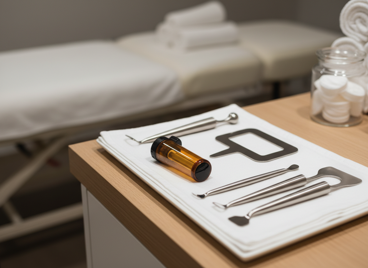 An elegant arrangement of specialized chiropractic instruments—such as an amber-toned activator device and polished stainless steel soft tissue tools—neatly arrayed on a pristine, white linen tray. The tray sits atop a smooth wooden counter near a softly illuminated treatment area, with diffused overhead lighting creating gentle highlights on the metallic surfaces. In the softly blurred background, hints of folded towels and a glass jar of cotton pads accentuate the sense of cleanliness. Shot from a slightly elevated angle, the mood is clinical yet inviting, emphasizing meticulous attention to detail in a modern, minimalist style.