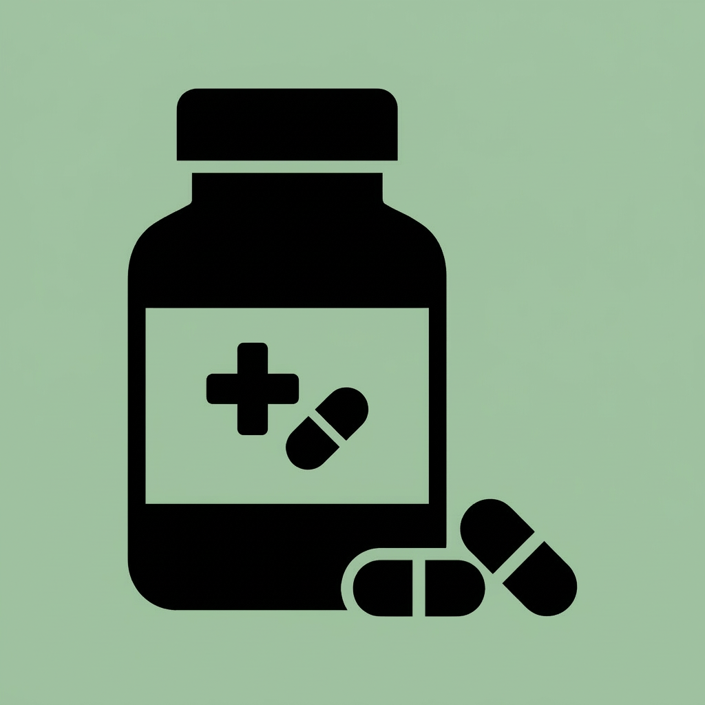 Medicine bottle icon with cross and capsule symbol, two capsules next to bottle